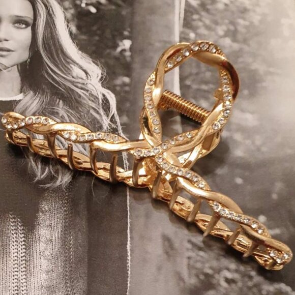 Women Gold Metal Crystals Long Hair Clip Claw Fashion Formal Casual Accessory - Picture 2 of 2